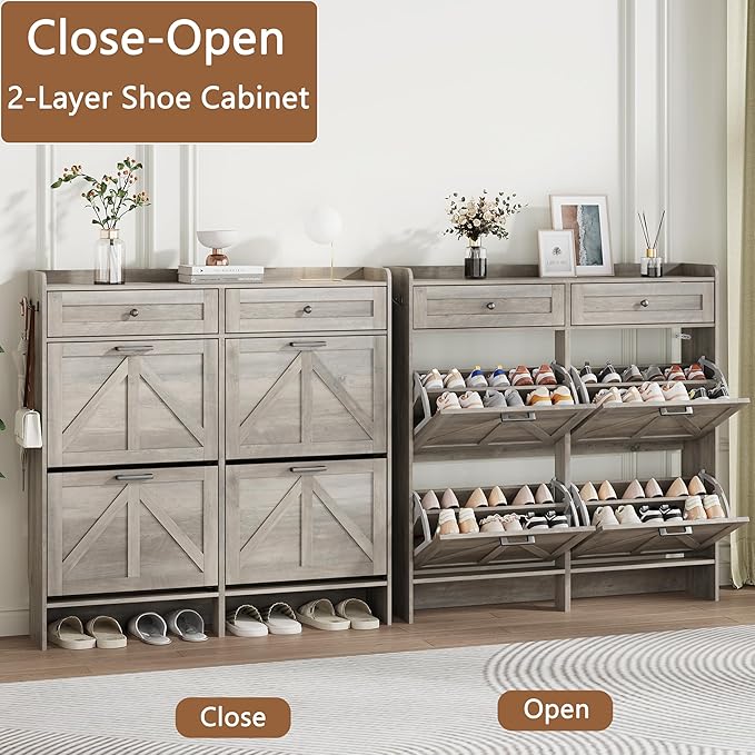 Shoe Cabinet with 4 Flip Drawers & 2 Top Drawers, 43" Tall Freestanding Narrow Wooden Shoe Storage Organizer for Entryway, Hidden Slim Shoe Rack for Front Door Entrance, Hallway, Living Room, Grey