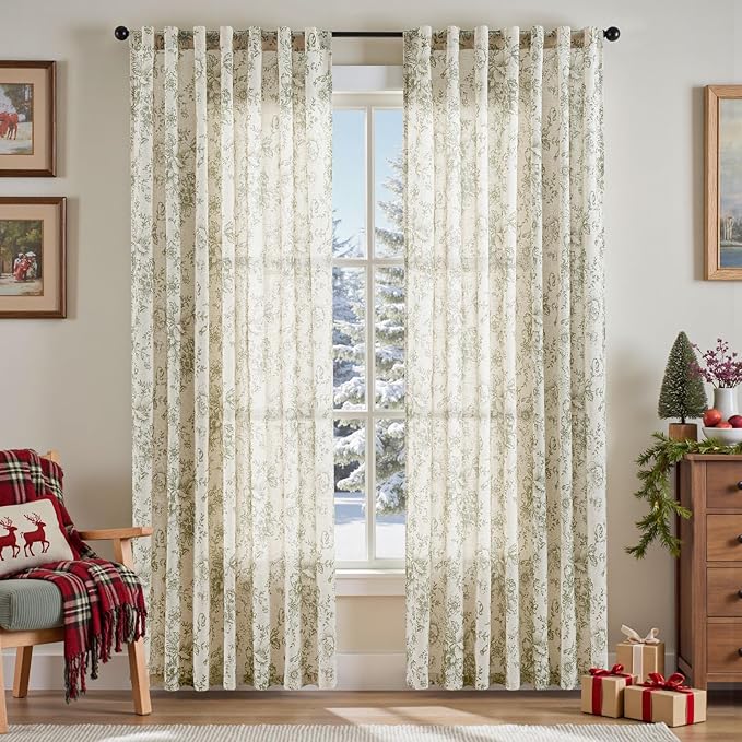 jinachan Linen Blend Floral Curtains for Living Room 90 Inch Length Christmas Sage Green Printed Curtain Rod Pocket Back Tab Farmhouse Peony Flower Patterned Drapes Bedroom Curtains Set 2 Panels