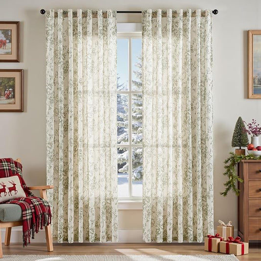 jinachan Linen Blend Floral Curtains for Living Room 90 Inch Length Christmas Sage Green Printed Curtain Rod Pocket Back Tab Farmhouse Peony Flower Patterned Drapes Bedroom Curtains Set 2 Panels