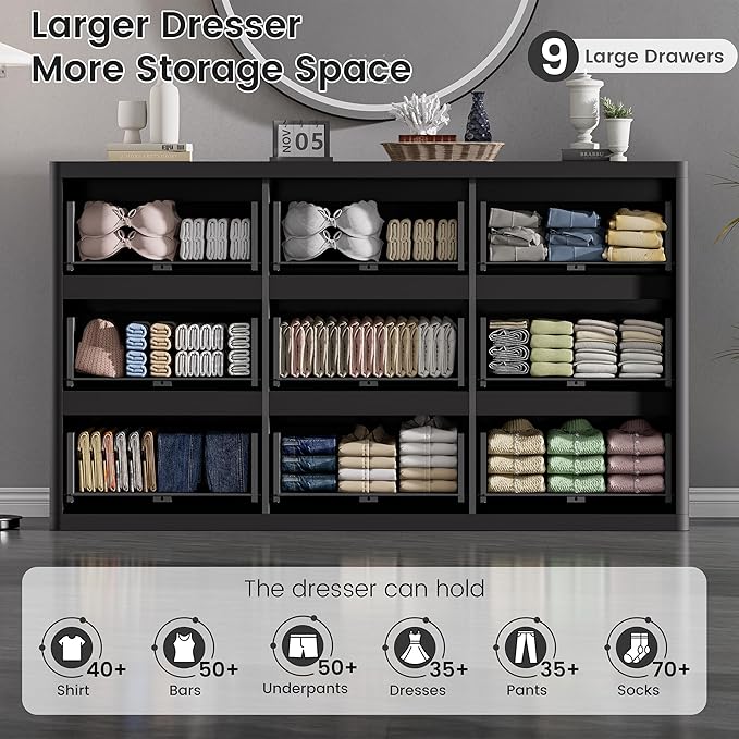 Fluted 9 Drawers Dresser, Wooden Dresser for Bedroom, Curved Profile Design, 57" Wide Modern Chest of Drawers with Texture, Large Dressers TV Stand with Organizer, Black