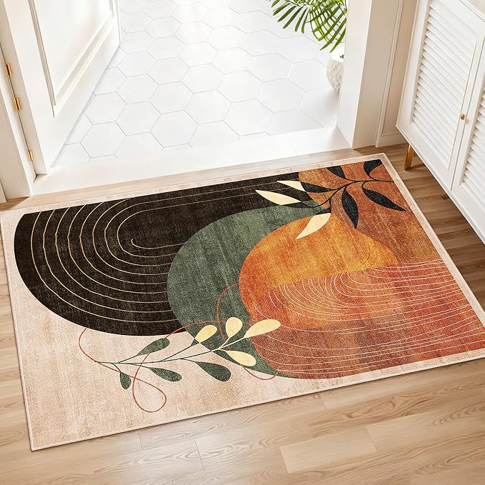MUJOO 2x3 Washable Rug Small Area Rugs for Entryway Kitchen Bedroom,Boho Non Slip Throw Carpet for Bathroom Entrance Door Mat Mid Century Modern Abstract Botanical Geometric Accent Terracotta