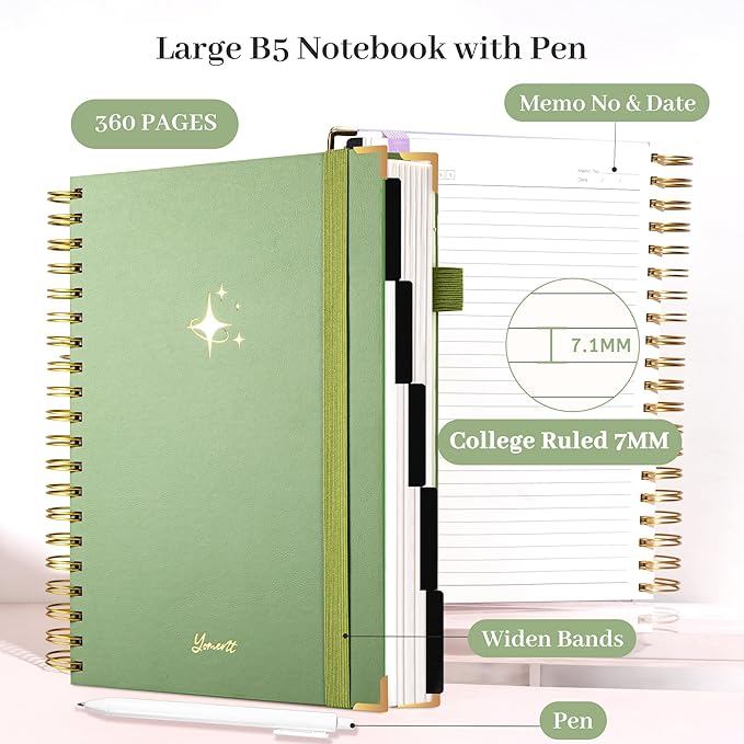 FLYING EAGLE Leather Spiral Notebooks for Work 5 Subject Notebook College Ruled with Dividers Pen, 360 Pages B5 Hardcover Lined Journals for Women Men Writing,Green