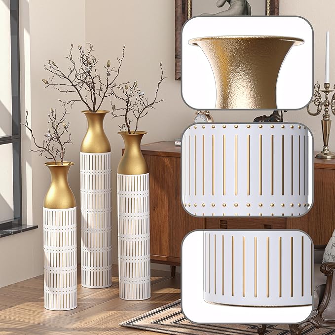 Metal Floor Vases Decorative, Set of 3 Flower Arrangement Stand, White Glazed Metal Decorative Vase Tall Distressed Metallic Centerpiece Vases, 33.5", 28.7", 24" H (White PU)