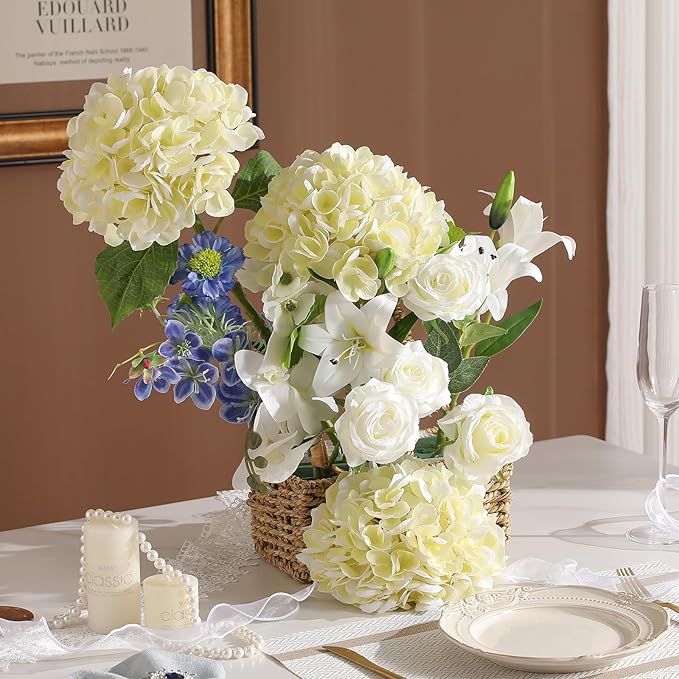 3Pcs Hydrangea Artificial Flowers, 22.44" Real Touch Latex Faux Hydrangea with Long Stems & Leaves for Home Office Decor or Wedding, Party, Centerpieces, Floral Arrangements (Cream White)