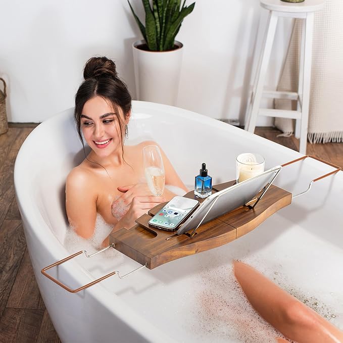 Teak Bathtub Tray Expandable Bathroom Tray for Home Spa Relaxation, Wooden Tray Caddy for Bathtub, Teak Bathtub Caddy as Unique Housewarming, Birthday, Wedding Shower Gifts. Light Walnut