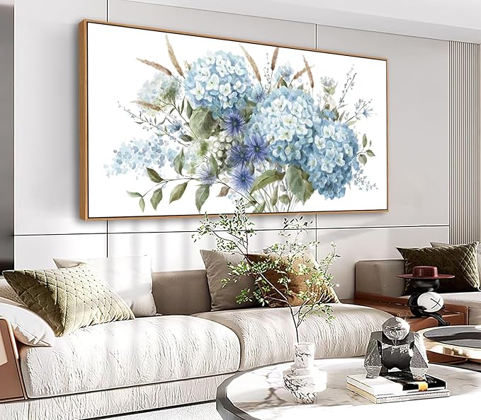 VEAEE Framed Flowers Canvas Wall Art - Blue Floral Canvas Pictures, Living Room Wall Decor, Blue Hydrangea Botanical Canvas Prints Painting Abstract Artwork Bedroom Office Home Decor 20"x 40"
