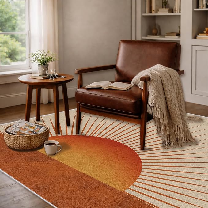 Sunburst Area Rug 5x6, Retro Sun Design Rug, Mid Century Modern Carpet for Living Room Bedroom, Soft Non Slip Washable Area Rug