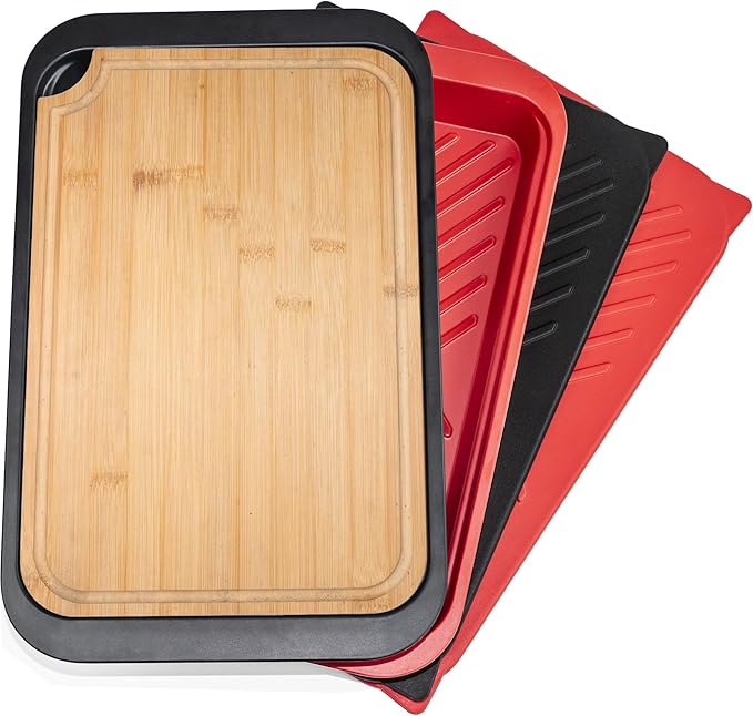 Czlizdyt Bamboo Grilling Prep and Serve Trays with lid, BBQ Tray for Marinating Raw and Cooked Food, Diswasher Safe Nesting Trays Black in Red