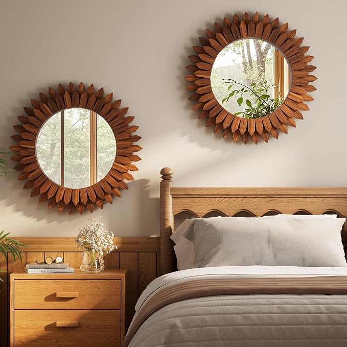 Boho Wood Sunburst Round Wall Mirror, 24 Inch Rustic Circle Wooden Frame Decorative Mirror for Farmhouse Coastal Home, Home Wall Decor for Living Room Entryway Bedroom, Walnut