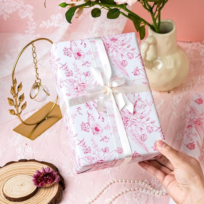 Yarcony Pink Floral Gift Wrapping Paper Roll, Bridal Shower Wrapping Paper, Vintage Toile Pink Floral Gift Wrap for Girl Birthday,Wedding, Mother's Day,Valentine's Day,Baby Shower (17 In X 16.5 Ft)