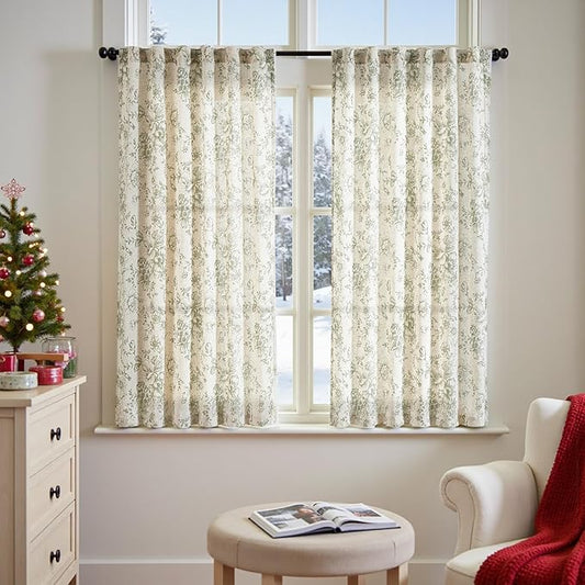 jinachan Linen Blend Floral Curtains for Living Room 54 Inch Length Christmas Sage Green Printed Curtain Rod Pocket Back Tab Farmhouse Peony Flower Patterned Drapes Bedroom Curtains Set 2 Panels