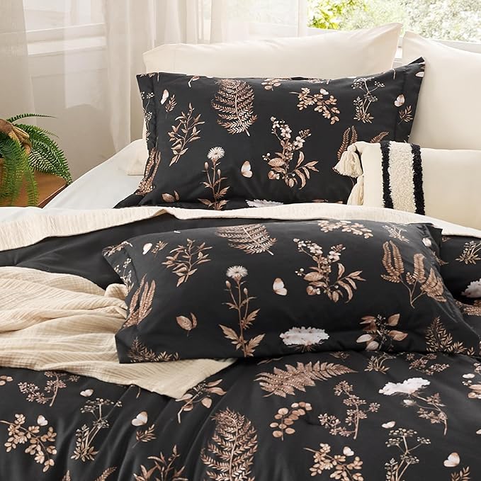 Bedsure Comforter Set King Size - Cute Floral Comforter, Black Bedding Comforter Sets, 1 Soft Reversible Botanical Flowers Comforter and 2 Pillow Shams