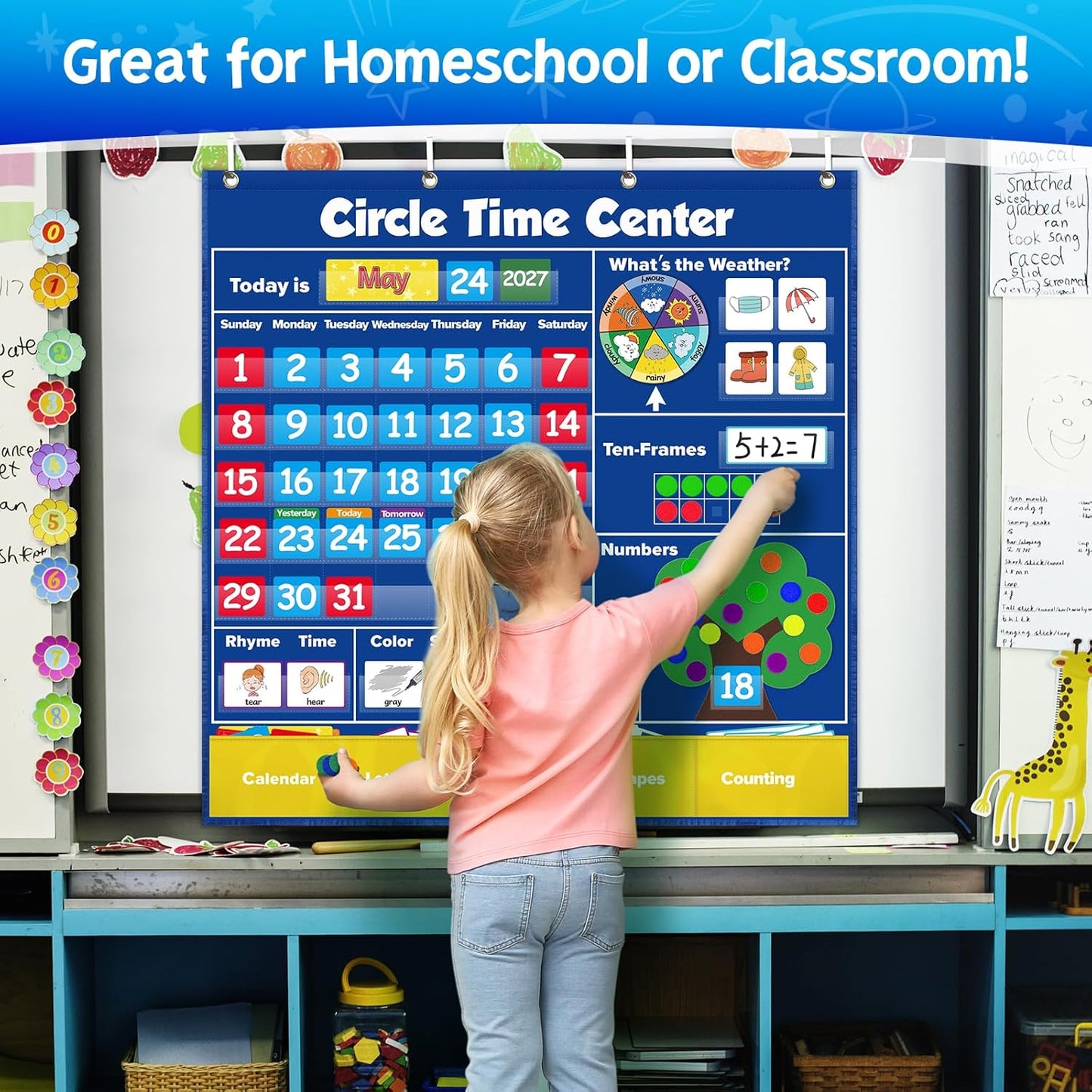 Torlam Circle Time Learning Center - Kids Calendar Pocket Chart & Weather Chart Set for Preschool Activities