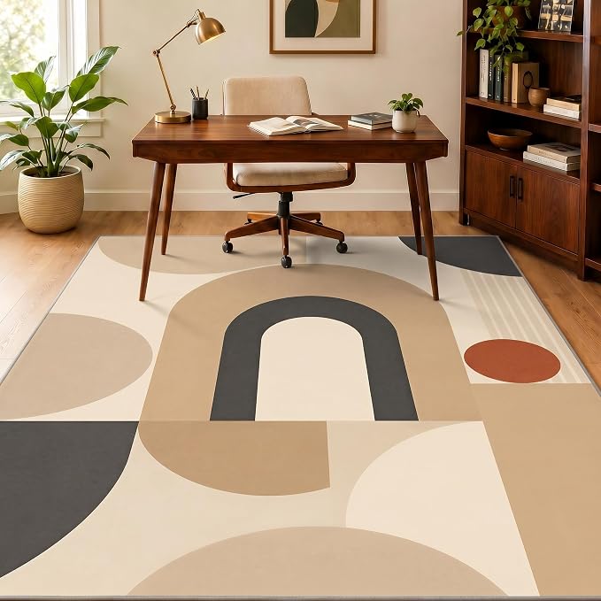 Mid Century Area Rug 2x3, Home Decor | Neutral Cream Black Geo Arc, Abstract Geometric Rug for Living Room, Bedroom, Home Office, Non Slip, Washable, Low Pile