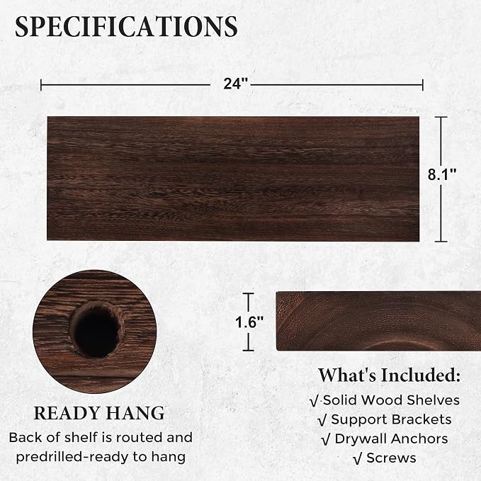Axeman Floating Shelves, 2 Pack 8 Inch Deep Rustic Solid Wood Wall Shelves for Storage, Wall Mounted Display Shelving with Invisible Heavy-Duty Metal Bracket, 24" W x 8" D x 1.6" H, Rustic Brown