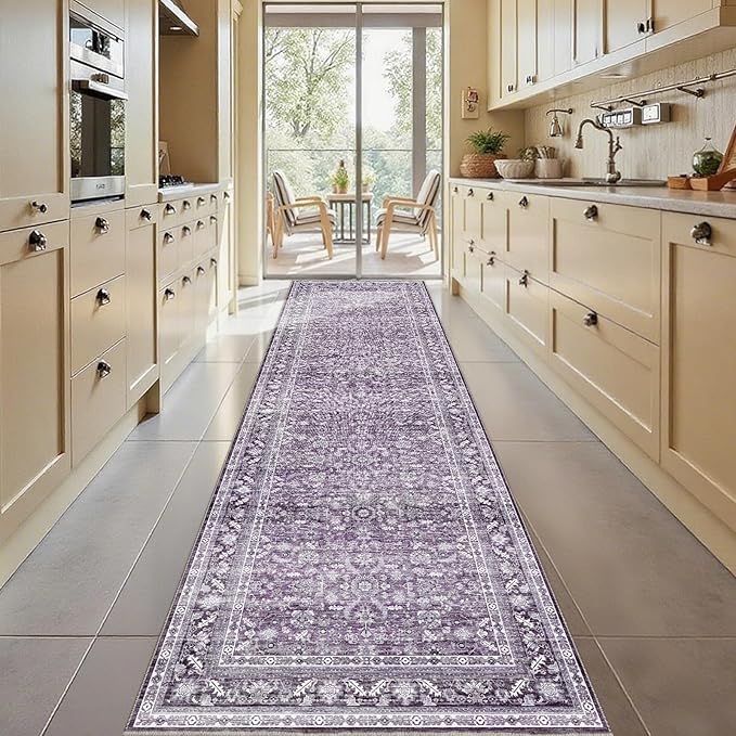 OPPODREAM Vintage Purple 3x10 Runner Rug, 3 x 10 Retro Washable Rug Non Slip, Low-Pile Faux Wool Carpet, Distressed Floor Mat for Kitchen, Hallway, Entry-Way, Entrance, Indoor Back Door
