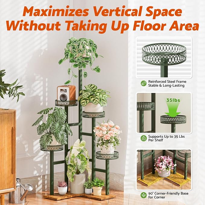 Wood Corner Stand Plants, 5 Tiered Wood Plant Stands Tall Indoor,Heavy Duty Metal Flower Pot Stands for Multiple Plants,Decoration Display Racks for Patio Garden -GreenFlower