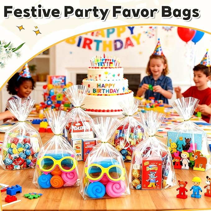 PigPotParty Cellophane Bags 8"x11", 100 Pack Clear Gift Bags, Bottom Gusset for Stand-Up Display, Plastic Cellophane Gift Wrap, Ideal for Mugs, Goodies, Treats, Party Favors, Includes Gold Ties