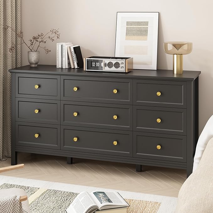 Black 9 Drawers Dresser for Bedroom, 59'' Large Wood Dresser with Gold Handles, Modern Wide Chest of Storage Drawers for Hallway, Living Room