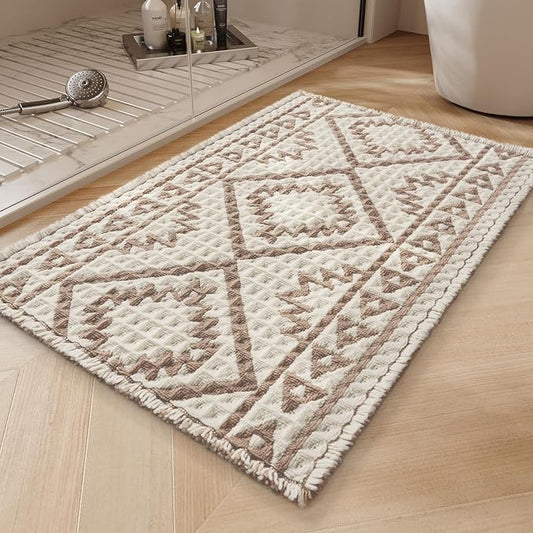PADOOR-Waffle Bath Mat-Super Absorbent Bath Mats for Bathroom, Machine Washable Non Slip Bathroom Rug with Tassels, Soft Bathroom Mat for Laundry Room, Bedroom,Cream & Brown 17"x28"