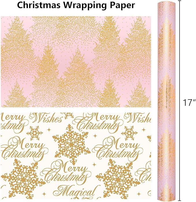 MAYPLUSS Christmas Wrapping Paper Roll, 17 Inch X 16.5 Feet Gift Wrapping Paper Featuring Gold Tree Reversible Snowflake Merry Christmas Thick Wrap Paper for Holiday Party New Year Kids