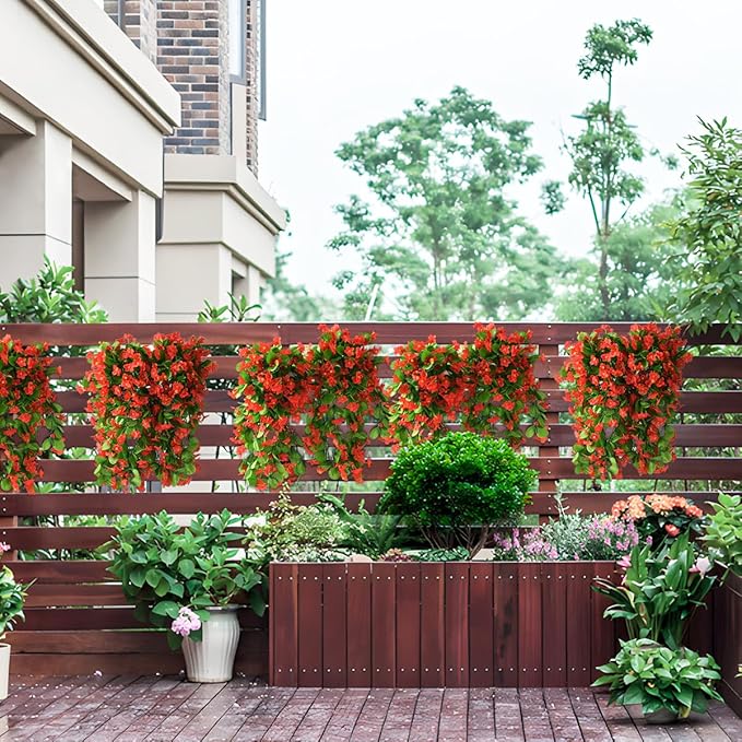 2PCS Artificial Hanging Flowers, Fake Hanging Plants Violet Vines UV Resistant for Wall Home Room Garden Wedding Indoor Outdoor Spring Summer Decoration(Red)