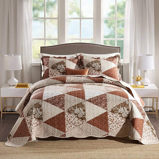 HoneiLife Quilt Set King Size - 3 Piece Microfiber Quilts Reversible Bedspreads Patchwork Coverlets Floral Bedding Set All Season Quilts with Triangle and Floral Print Pattern
