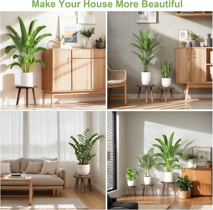 3-Pack Wood Plant Stands Indoor, Single Plant Stand for 6-12 Inch Pots, Mid-Century Modern Plant Stool, Tall Plant Stand for Large Plants Perfect Fit for Living Room, Balcony, Office