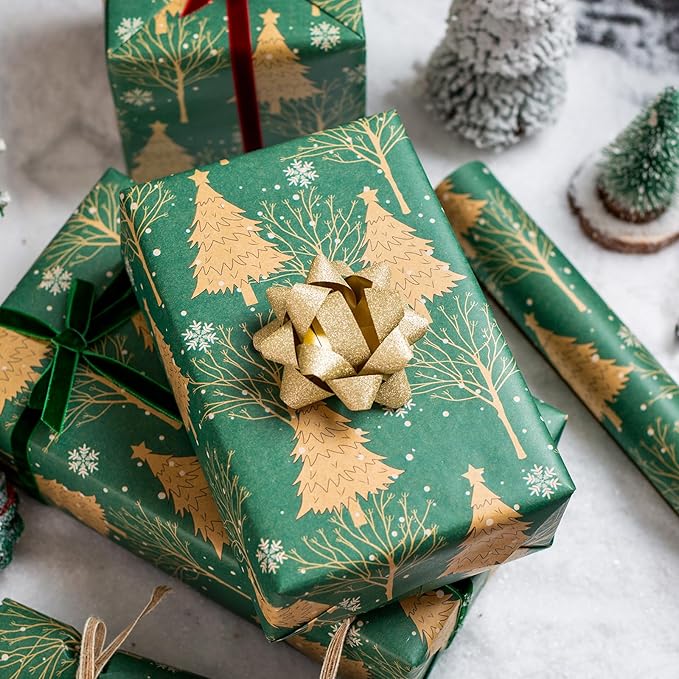 MAYPLUSS Green Kraft Christmas Wrapping Paper - 17Inch X 33Feet - Recyclable Festival Holiday Winter Woodland Matte Green Christmas Tree Kraft Gift Wrap Paper for Holiday, Party Decor, Celebration