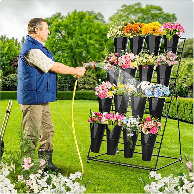 Flower Display Stand 4 Layers with 16 PCS Round Buckets, Plant Stand with Wheels, Movable Metal Plant Stand for Terrace Garden, Florist Shop