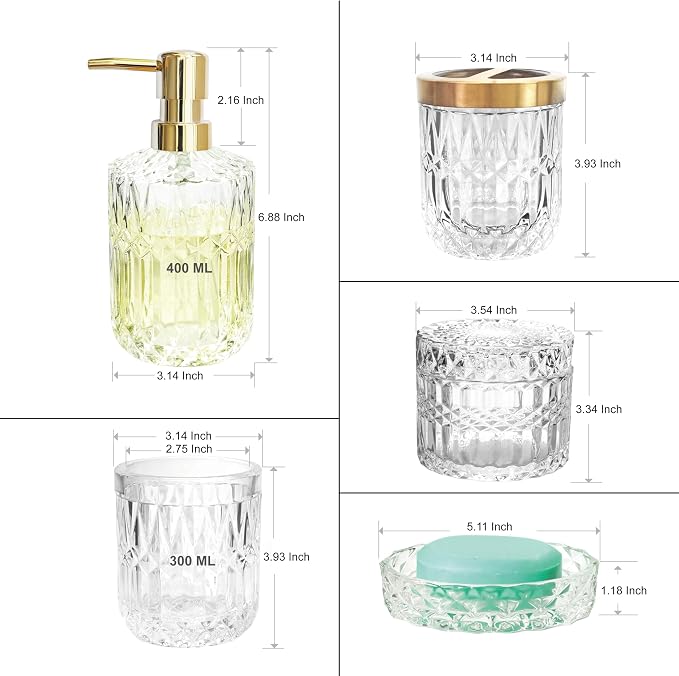 LaMarriti Clear Bathroom Accessories Set, 5pcs Crystal Glass Bathroom Set Accessories, Soap Dispenser, Toothbrush Holder Set, Soap Dish, Tumbler, Qtips Holder for Vintage Bathroom Decor, Gift Set