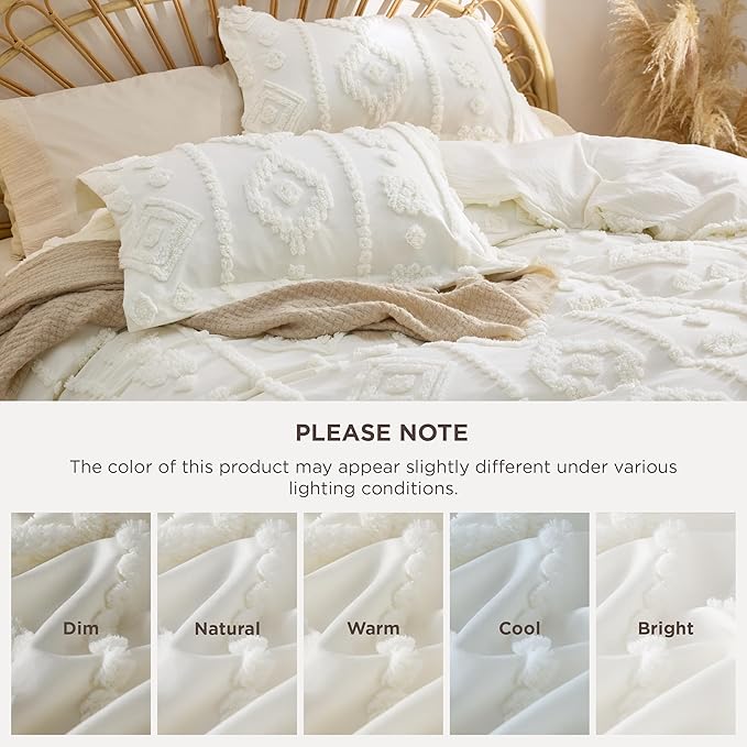 Bedsure Boho Duvet Cover Queen Size - White Tufted Boho Bedding, Farmhouse Shabby Chic Embroidery Bedding for All Seasons, 3 Pieces, 1 Soft Jacquard Queen Comforter Cover and 2 Pillow Shams