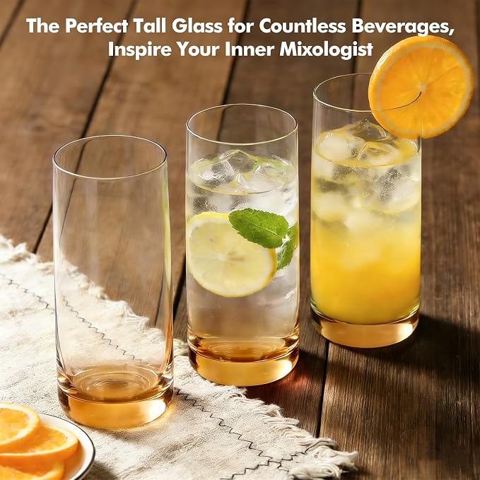 Amber Highball Glasses Set of 6,13oz Drinking Glass Cups for Mixed Drink Cocktail, Beer, Mojito, Water and Juice,Thick Tall Crystal Glassware for Kitchen, Restaurant, Home Bar and Parties