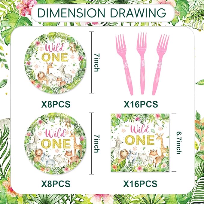 48Pcs Wild Birthday Decorations Plates and Napkins Forks Jungle Safari Animals Party Decorations for 16 Guests Two Wild Animals Birthday Decorations for Girls