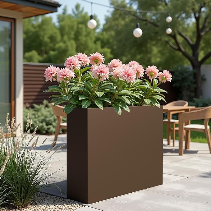 Casaphoriar Metal Planter Box 36"x9"x28", Rectangular Planter with Inner Shelf and Drainage Holes, Perfect for Outdoor Patio and Balcony Decor, Brown