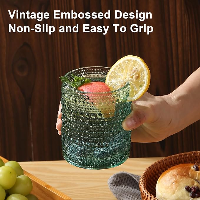 ZMOWIPDL Vintage Glassware Drinking Glasses Set of 12,Light Blue 12oz & 15oz Hobnail Glass Cups,Embossed Water Tumbler,for Beer,Cocktail,Whiskey,Juice and Various Mixed Drinks- 1 Cleaning Brush