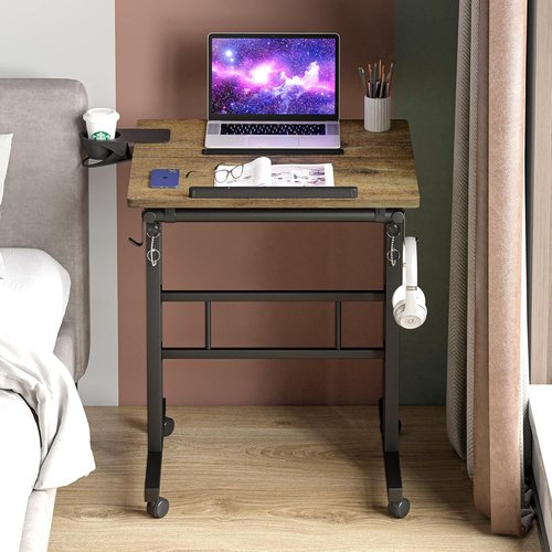Klvied Rolling Mobile Desk - Portable Adjustable Height Stand-Up Desk on Wheels for Home Office | Oak Finish