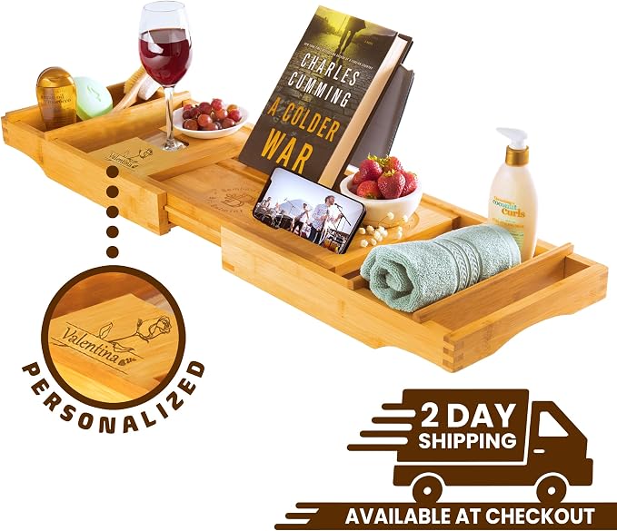 Personalized Bathtub Tray - Custom Engraved Foldable Bamboo Bath Caddy, Expandable Tub Tray Bath Table, for Mom Personalized Mom Birthday Gift, for Wife Gift for Her