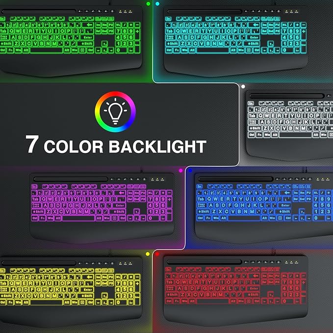 Wired Keyboard Mouse Combo - Large Print Backlit, Ergonomic Wrist Rest, 6 DPI RGB for PC/Windows - Ideal for Seniors, Students, Office and Home SABLUTE