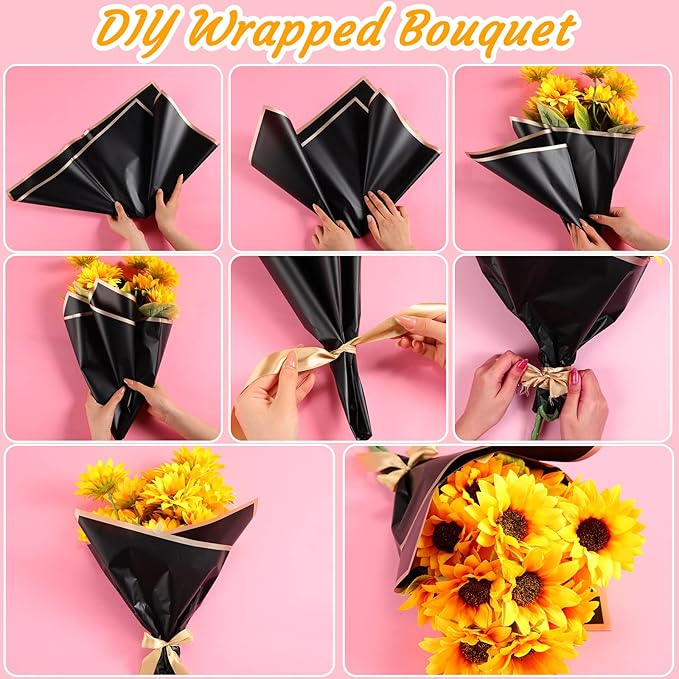 Yahenda 420 Sheet Black Flower Wrapping Papers Flower Bouquets with Gold Edge Korean Style Wrapping Paper for DIY Craft Package Decoration Floral Supplies, 23 x 23 Inch