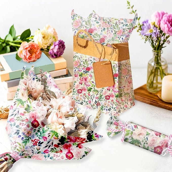 BACH AND BOUJEE 50 Sheets Flower Tissue Paper Watercolor Wildflower Gift Wrapping Paper Floral Patterned Tissue Papers Gift Wrap Crafts Packaging for Flower Wedding Birthday Christmas Party Supplies