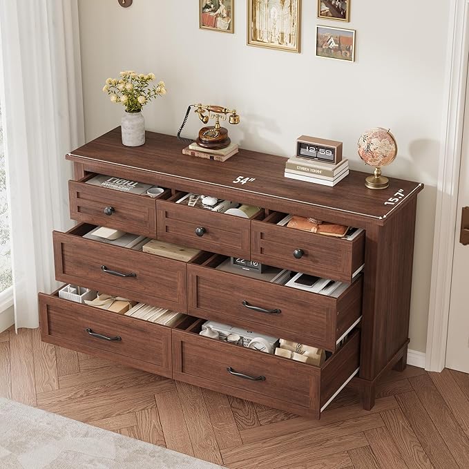 GarveeHome 7 Dresser for Bedroom, 54 in Wide Drawer Dresser with Storage Freestanding, Wooden Closet Storage Chest for Living Room, Bedroom, Entryway, Walunt