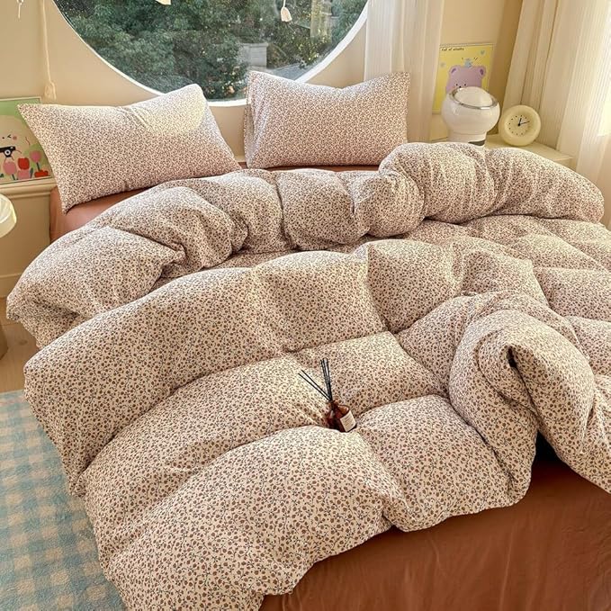 EAVD Chic Garden Small Floral Duvet Cover Queen Soft 100% Muslin Cotton Feel Gauze Vintage Floral Bedding Set with 2 Pillowcases Cottagecore Botanical Print Duvet Cover with Zipper Closure