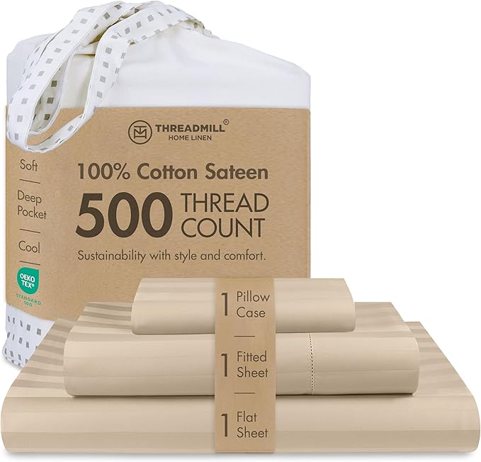 Threadmill 500 Thread Count Twin-XL Size Damask Stripe, 3 Pc Luxury Cotton Bed Sheet Set, Silky Soft Light Beige Sheets with 15" Elasticized Deep Pocket, 1 Pillowcase & Free Tote Bag