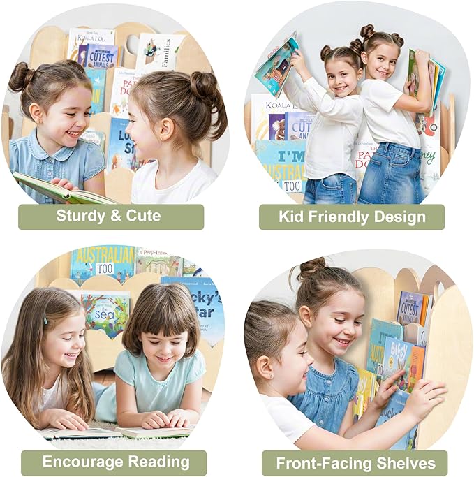 3-Tier Wooden Kids Bookshelf with Scalloped Front-Facing Shelves – Montessori-Inspired Floor Bookcase for Toddler Bedrooms, Playrooms, Nurseries & Classrooms