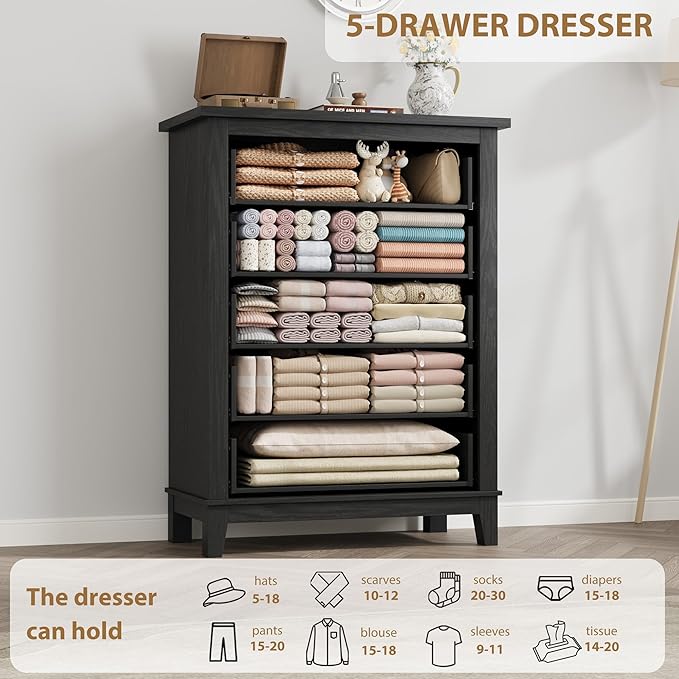 GarveeHome 5 Dresser for Bedroom, 41.3 in Tall Vertical Drawer Dresser with Large Storage, Freestanding Wooden Closet Chest for Bedroom, Living Room, Black