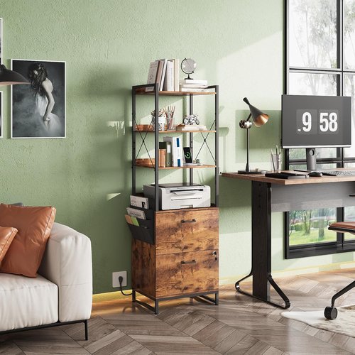 DEVAISE 2 Drawer File Cabinet - Lockable Design with Charging Station & Adjustable Shelf | Rustic Brown