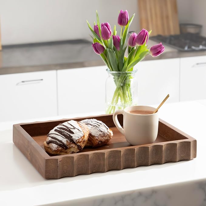 Kate and Laurel Lissi Decorative Rectangle Tray with Wavy Design; 16 x 12; Walnut Brown; Mid-Century Modern Scalloped Serving Tray for Coffee Table Ottoman; Dining Table; or Entryway Catch-All Tray