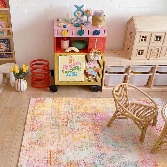 Kokia Abstract Area Rugs Washable Indoor 6x9 Rug Boho Distressed Retro Low Pile Non-Slip Non-Shedding Pink Orange Carpet Bedroom Living Room Dining Room, Oslo Sunrise