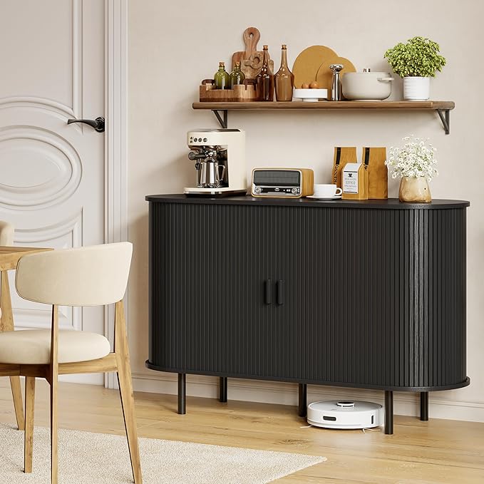 Buffet Sideboard Cabinet with Storage, 48" Fluted Cabinet with Sliding Door & Adjustable Shelf, Modern Accent Coffee Bar Console Table for Kitchen, Entryway, Black